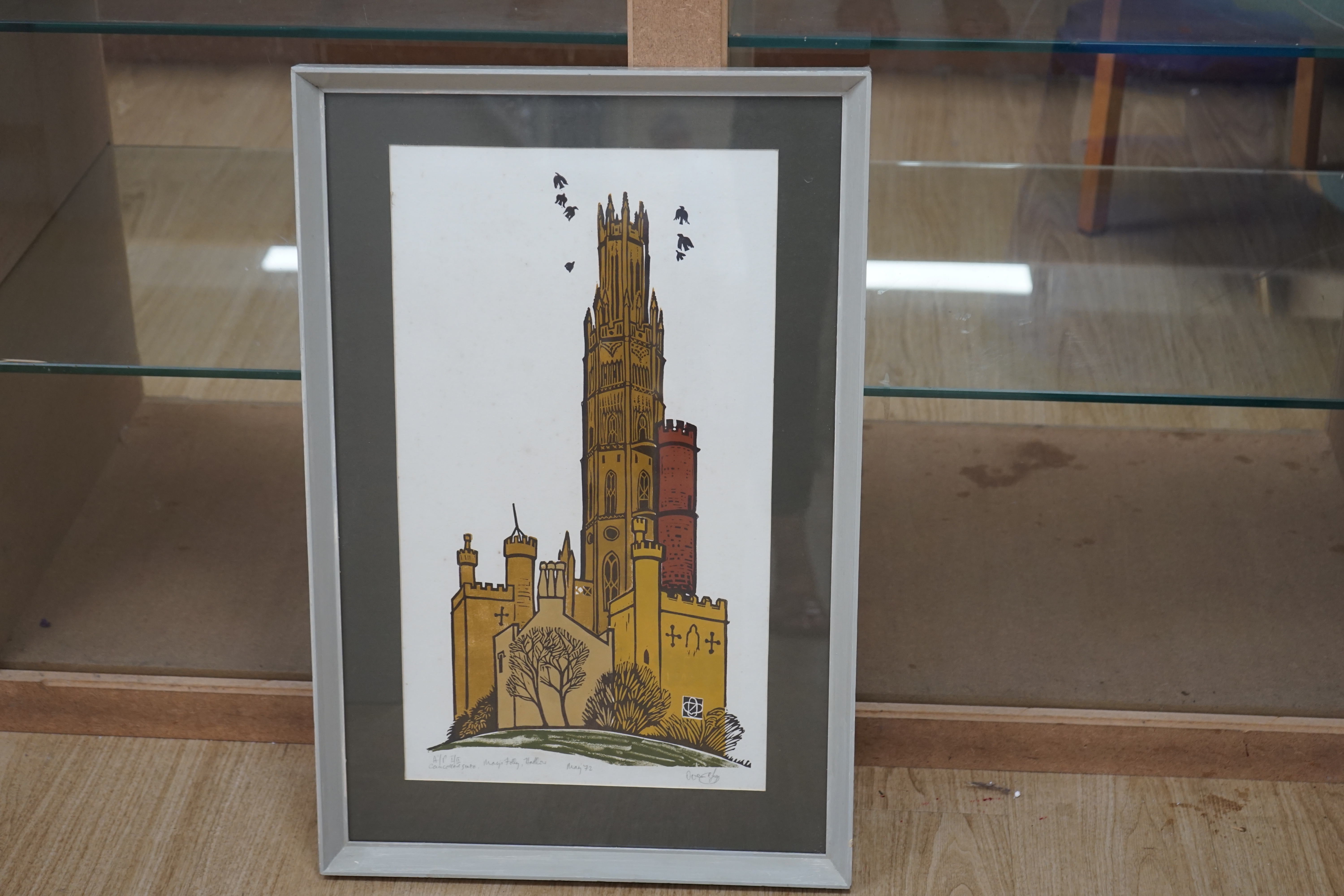 Artist's proof colour lino-cut, ‘Mays Folly, Hadlow’, edition I/II cancelled state, May '72, indistinctly signed Owen?, 56 x 31cm. Condition - good